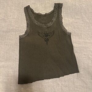 Brandy Melville Olive Ribbed Lace-Trim Tank with Dark Graphic